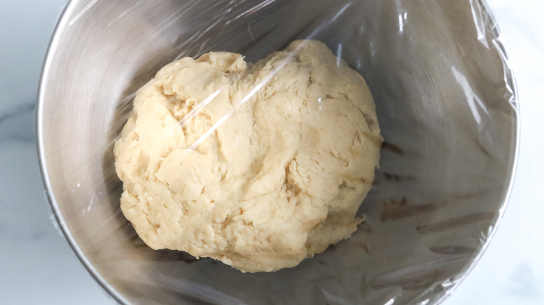 dough in plastic-covered bowl