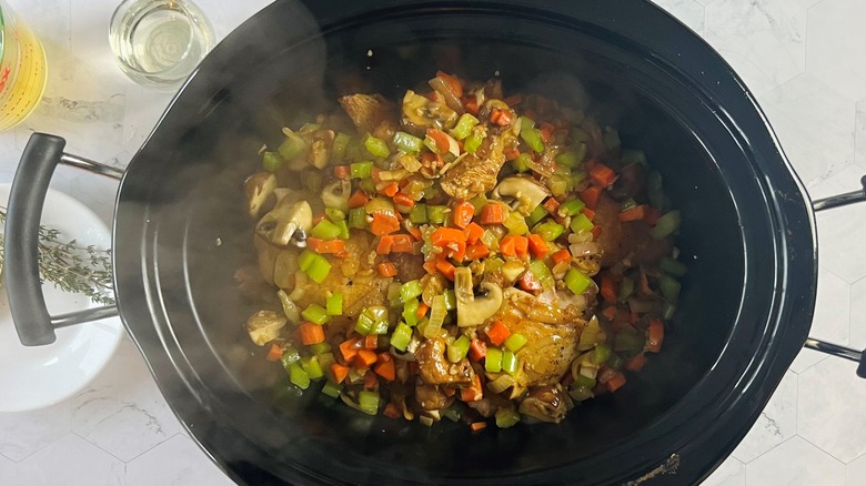 Vegetables and chicken in a crock pot