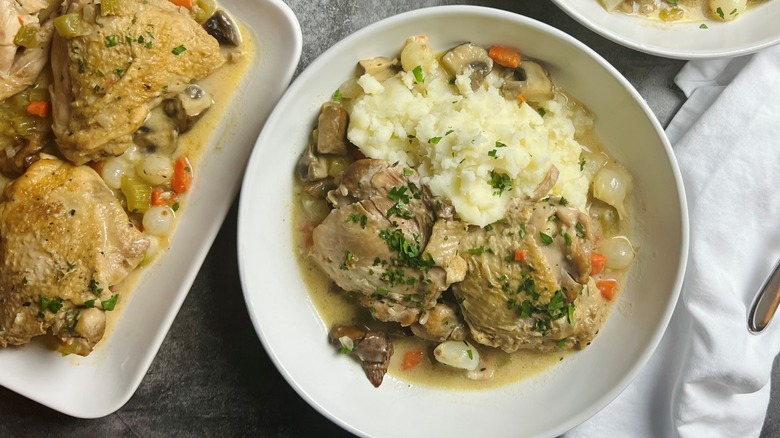 Chicken fricassee served with mashed potatoes