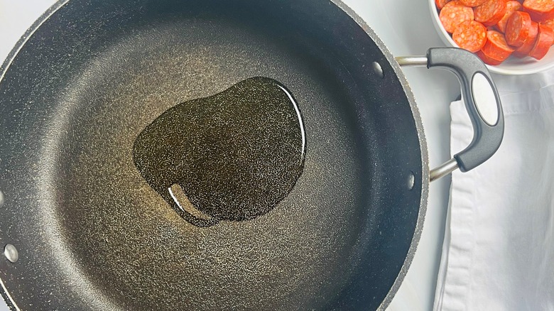 oil heating in saute pan