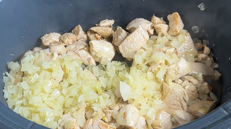 chicken onion mixture in slow cooker