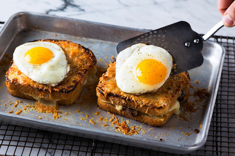 Duck Bacon Croque Madame on baking sheet