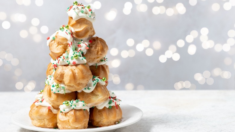 Croquembouche arranged and garnished like a Christmas tree