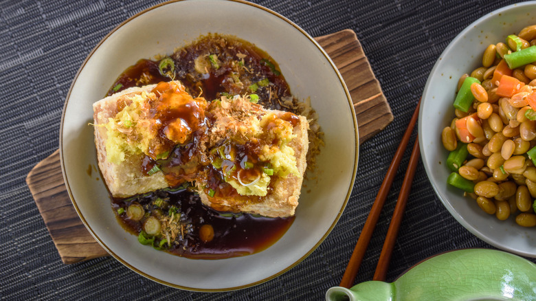 Garnished tofu in a bowl