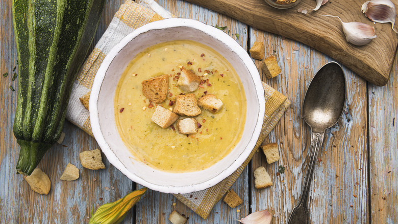 crispy croutons on a bowl of soup