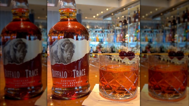 buffalo trace bottle next to whiskey glass filled with the bourbon on Holland America Line