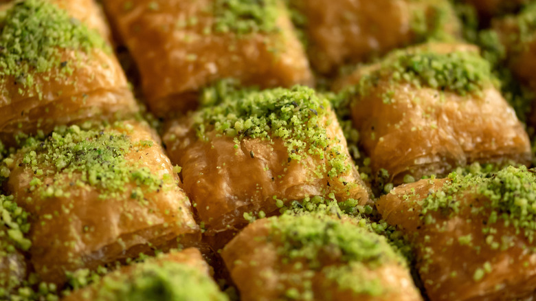 Closeup of rows of Baklava with pistachio