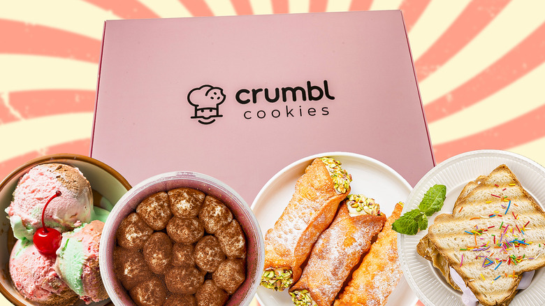 Crumbl cookie box with various sweets on dishes