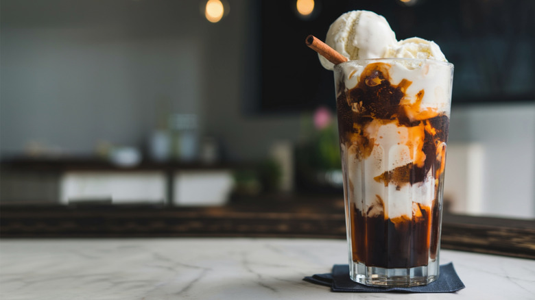 Root beer float in glass on marbled surface