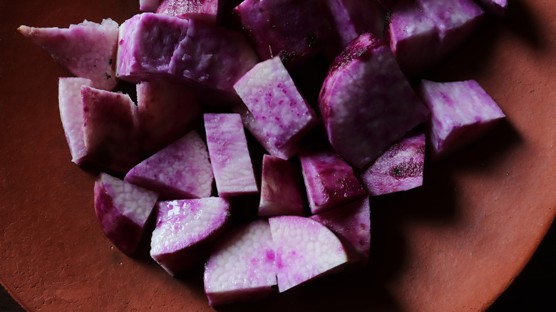 Ube cubes on red surface