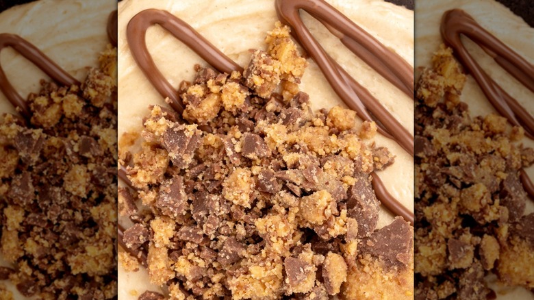 Close-up of Crumbl's 2023 Chocolate Peanut Butter Pie topping