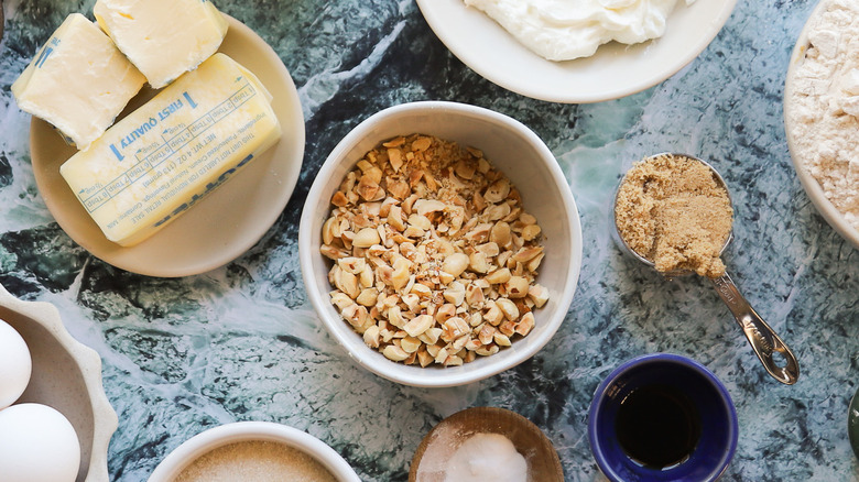 Bowl of chopped toasted hazelnuts