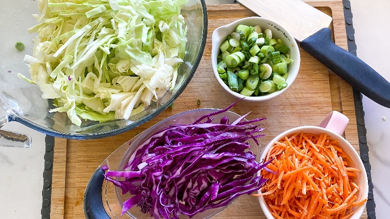 chopped vegetables on board