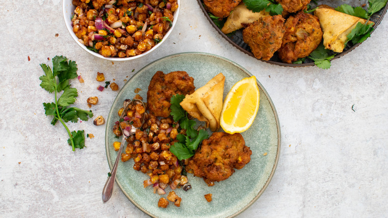 crunchy tangy masala corn, pakoras and samosas