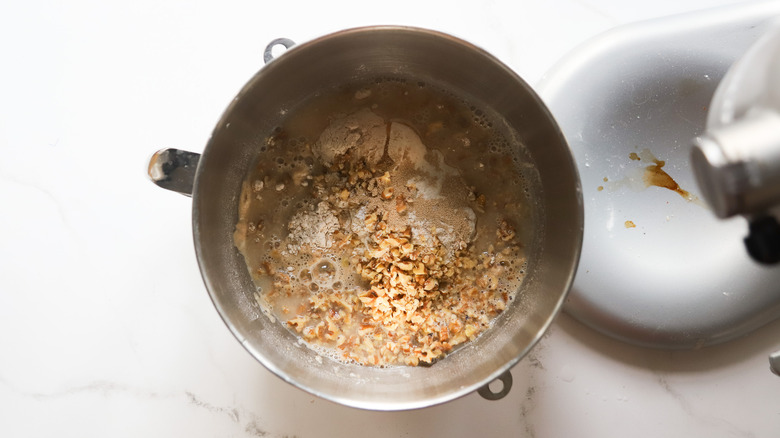 Dough ingredients in mixer bowl