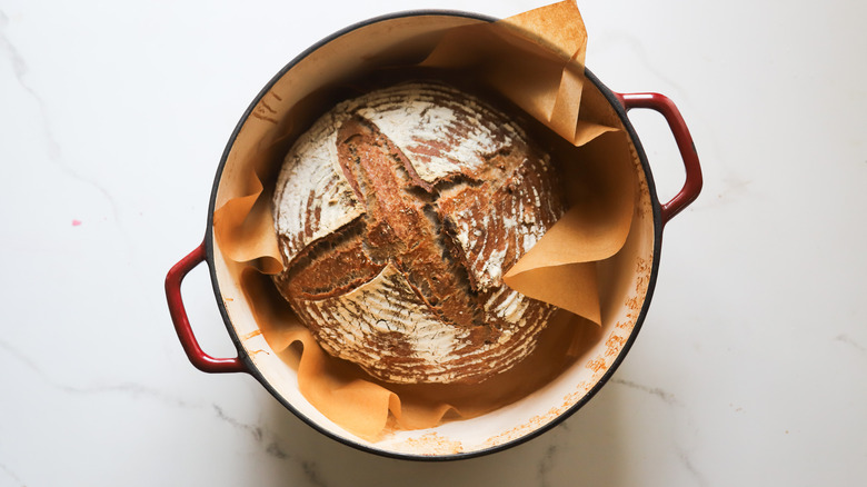 Baked loaf of sourdough bread in Dutch oven