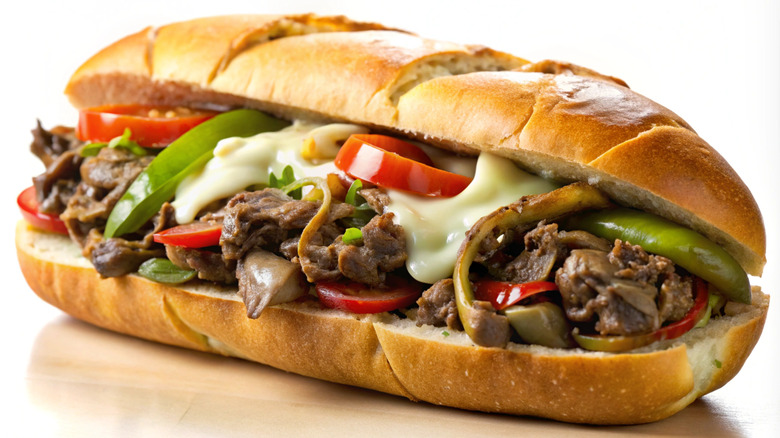 Philly cheesesteak with onion, peppers, sauce and cheese served on a baguette
