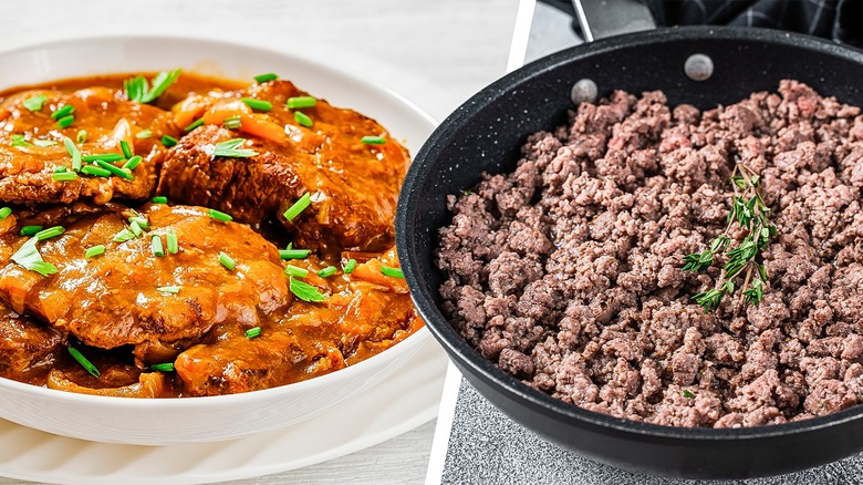cube steak and ground beef side by side