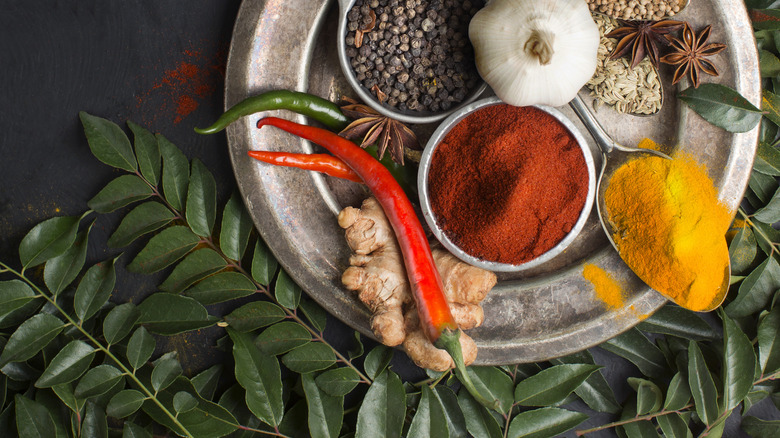 Curry leaves and various spices