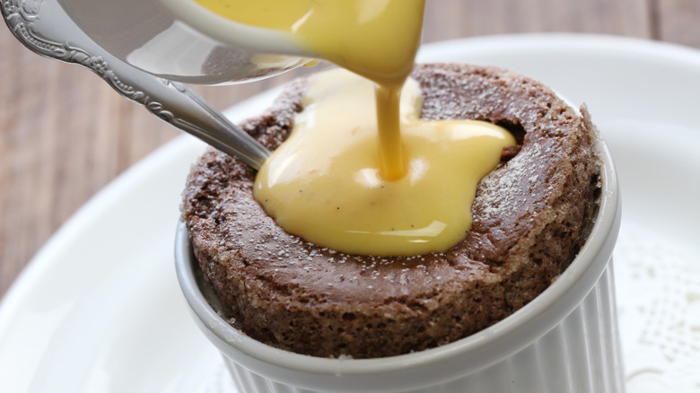 custard sauce on a souffle