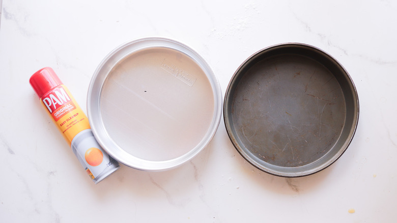 Cake pans prepared for baking