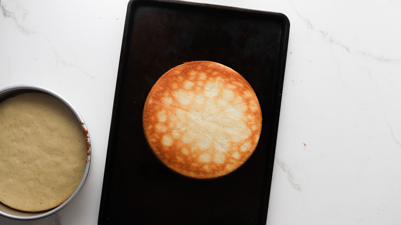 Cooled cake on sheet pan