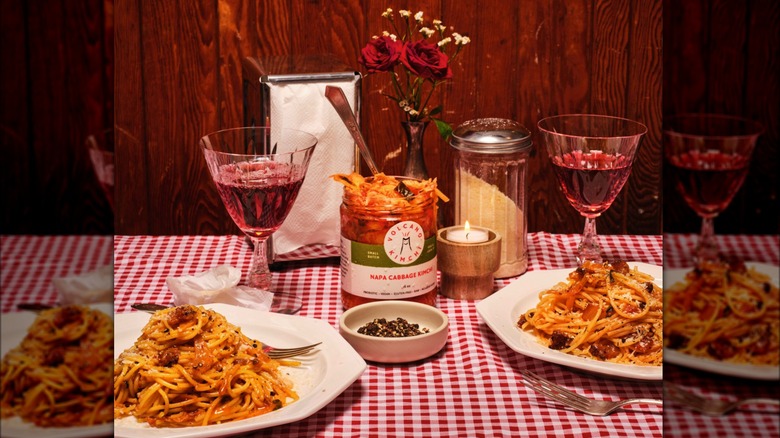 pasta and wine on table