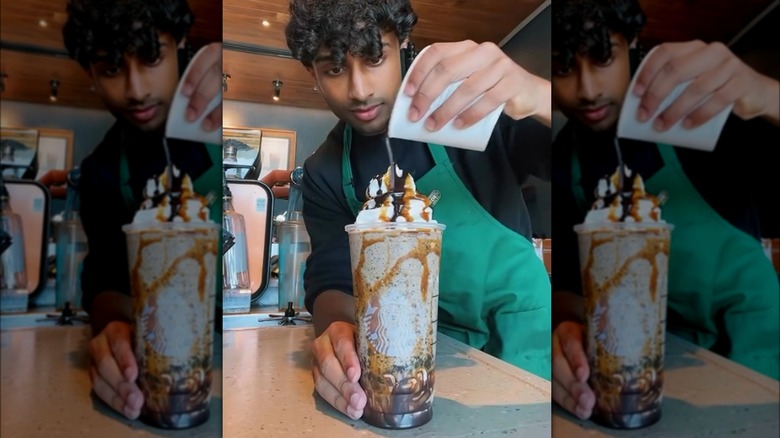 A Starbucks barista making a Marble Frappuccino