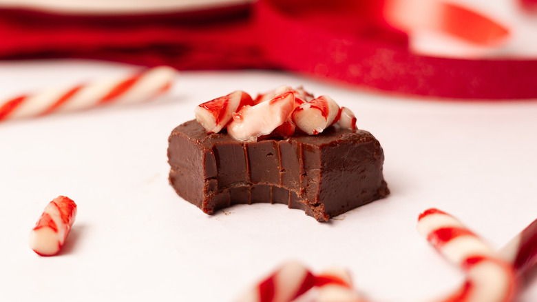 dark chocolate peppermint fudge with bite taken out 