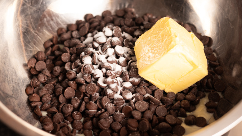 butter, chocolate and sugar in bowl 