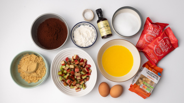 Ingredients for chocolate rhubarb brownies