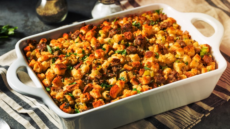 A casserole dish full of stuffing