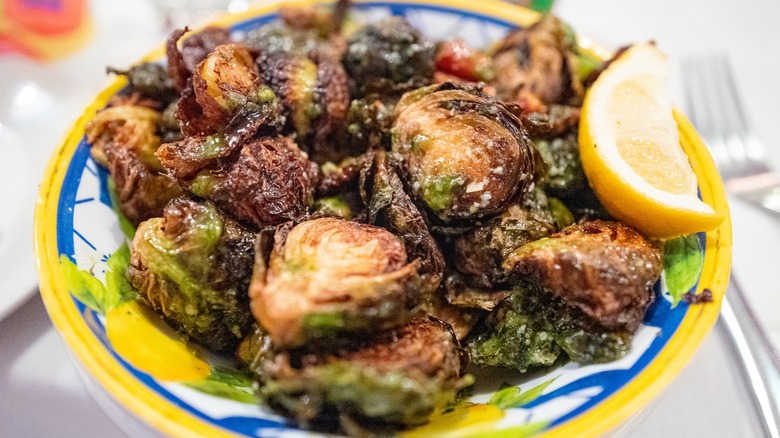 Charred Brussels sprouts on a plate
