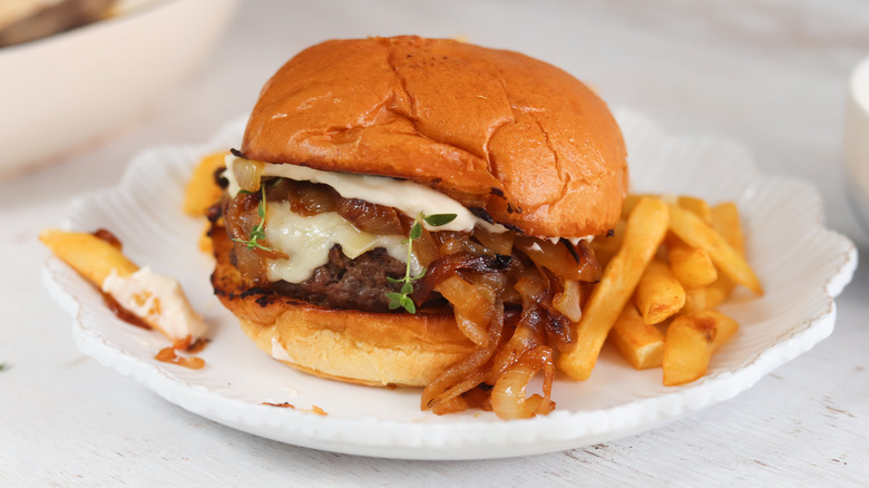 french onion burger with fries