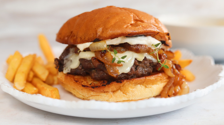 french onion burger with fries