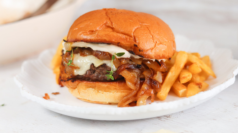 french onion burger with fries