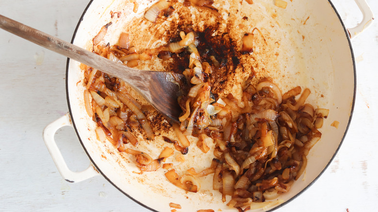 onions caramelizing in skillet