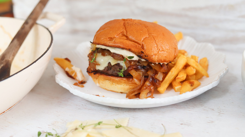 french onion burger with fries