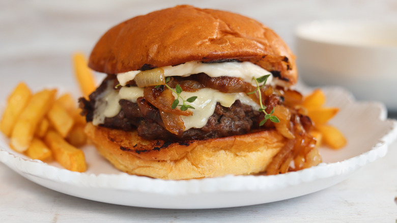 french onion burger with fries