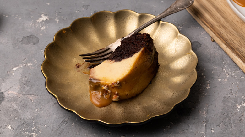 Slice of layered chocolate flan 