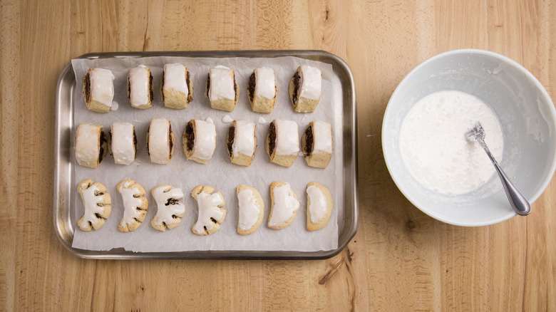 iced cookies on baking sheet