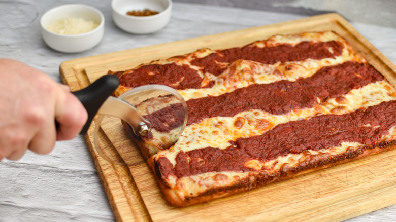 Detroit-style deep dish pizza