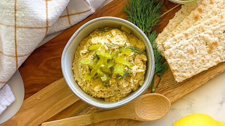 dill pickle hummus in bowl 