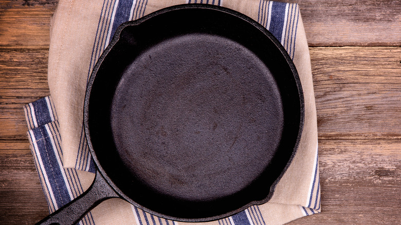 Empty skillet on towel