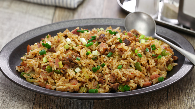 Bowl of dirty rice on counter