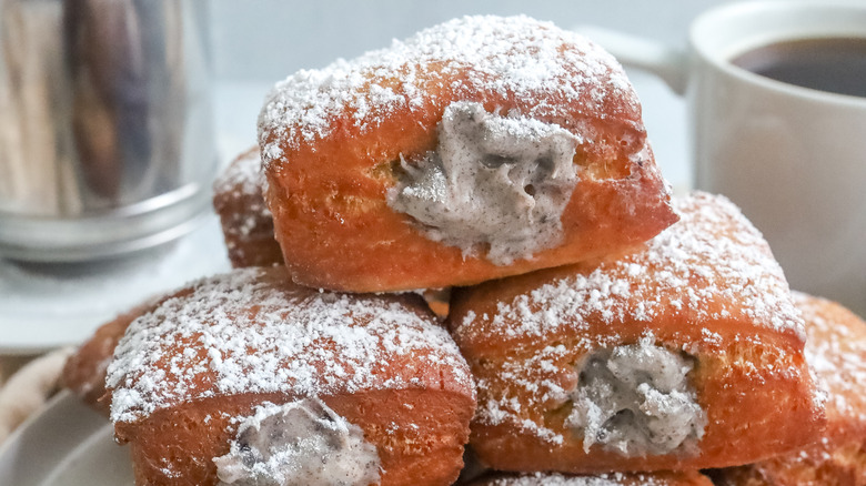 Close up of cookies and cream filled beignets