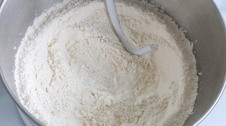 Dry ingredients in the bowl of a stand mixer