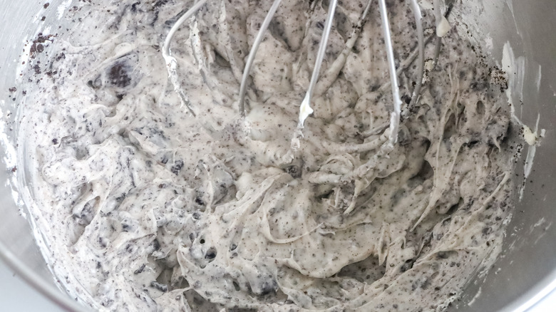 Cookies and cream filling in a stand mixer