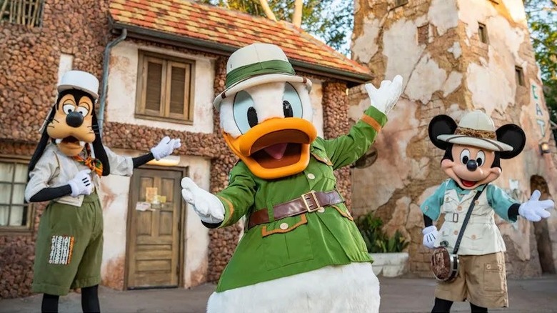 characters greeting outside of Tusker House restaurant