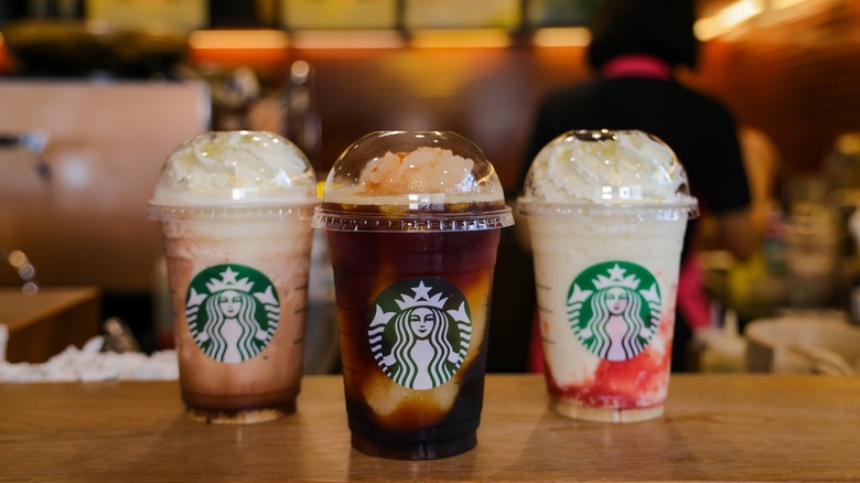 different Starbucks frappuccinos on counter 